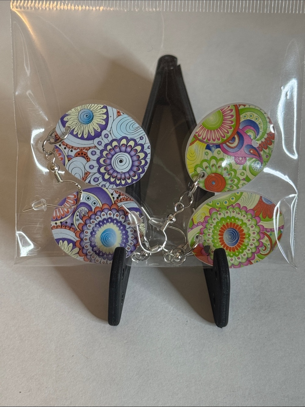 Colorful boho Mandala Dangle Earrings - Purple & Green